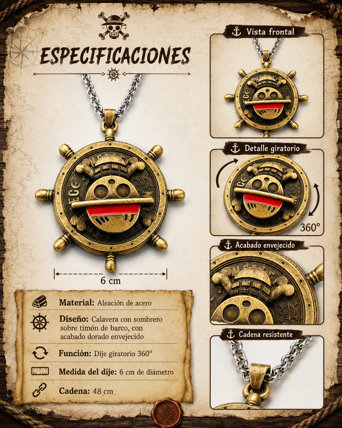 Collar Timón Pirata Giratorio – One Piece